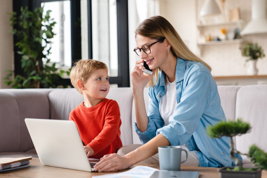 busy,working,remotely,mother,taking,care,of,her,little,toddler